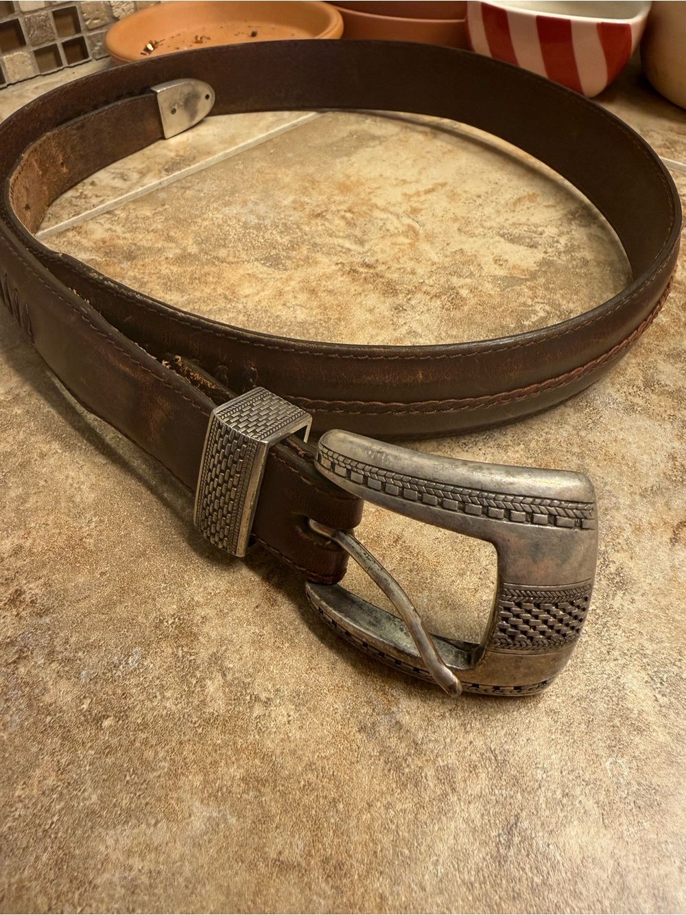 Vintage Brown Leather Belt with Detailed Silver-Tone Buckle